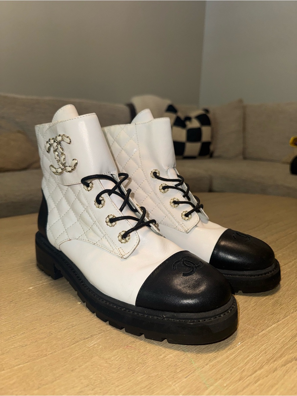 CHANEL White & Black Quilted Lace-Up Boots